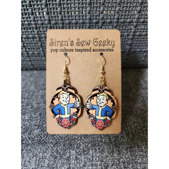 Fallout Vault Boy Thumbs Up Floral Earrings - Picture 3 of 3